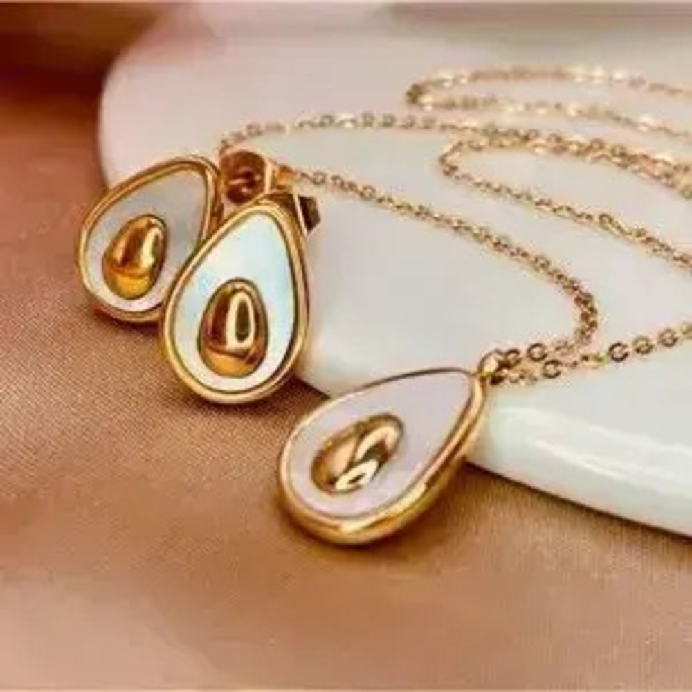 Mother of Pearl Avocado Dainty Chain Necklace SET Gold Plated